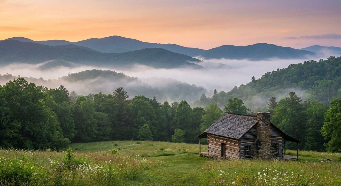 misty mountains and a cozy cabin