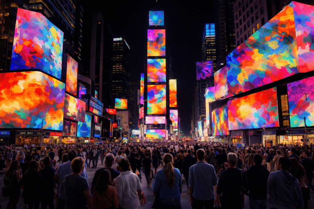 Times Square at night with the billboards