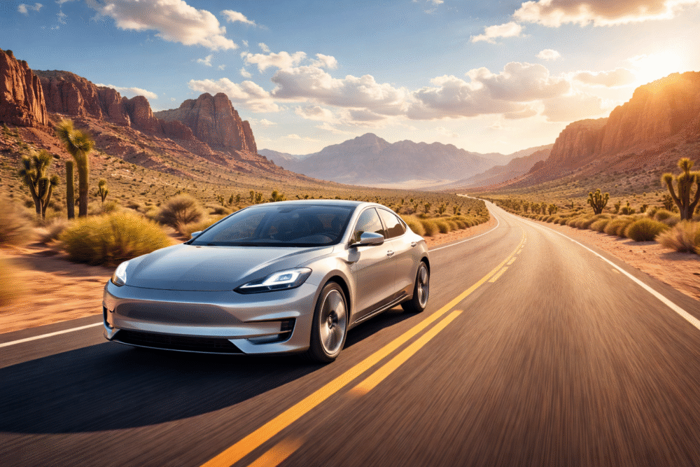 A modern electric vehicle driving on an EV Road Trip USA 2026 through a scenic desert highway