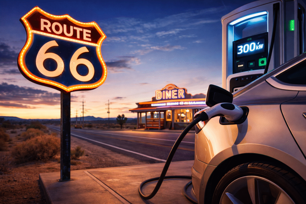 A vintage Route 66 sign next to an ultra-fast EV Road Trip USA charging station
