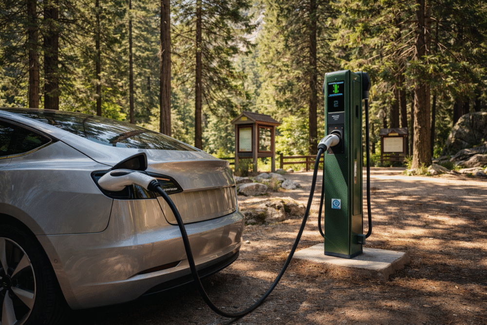 An electric vehicle parked at a charging station in a lush forest during an EV Road Trip USA