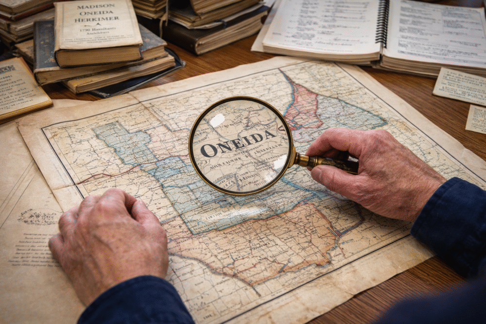 Old maps and genealogy documents on a table at the Oneida County History Center Utica research library