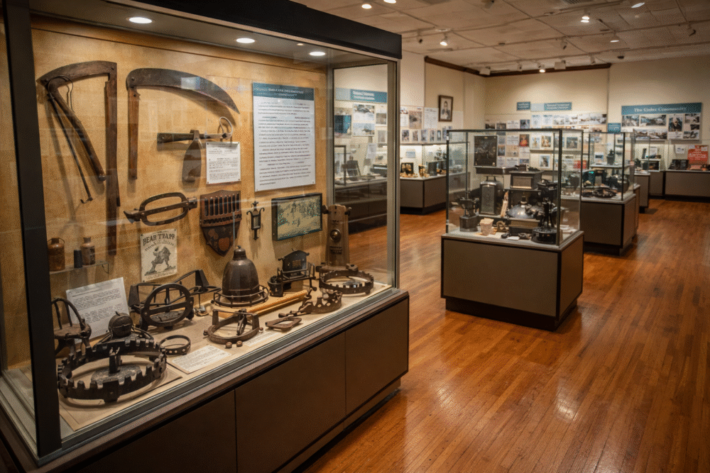 Historical exhibit display case inside the Oneida County History Center Utica featuring vintage tools