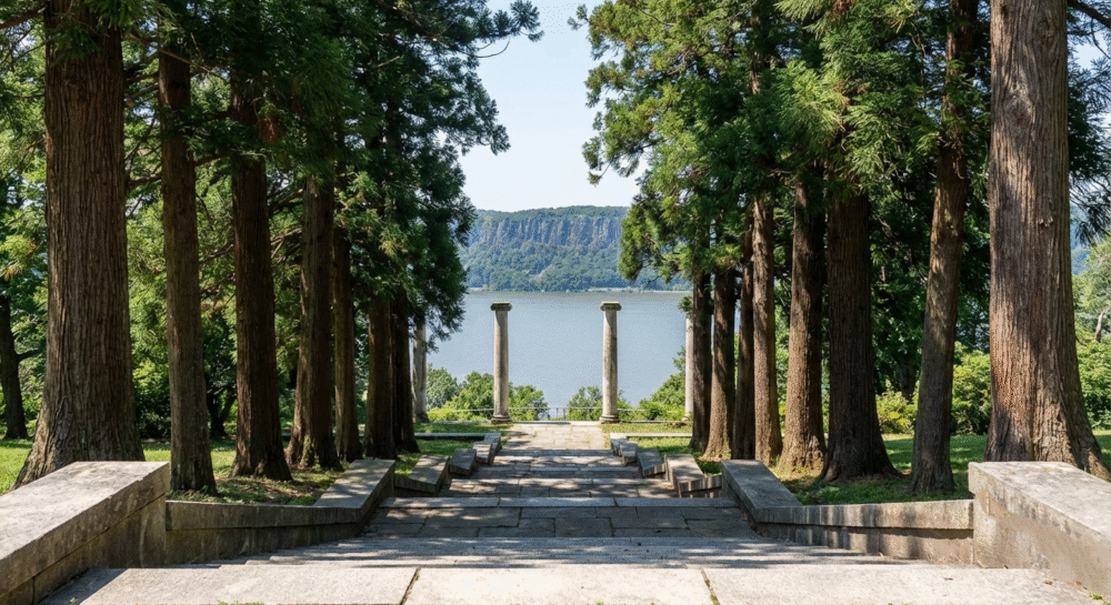  The Vista staircase at Untermyer Park and Gardens Yonkers leading down to ancient Roman columns