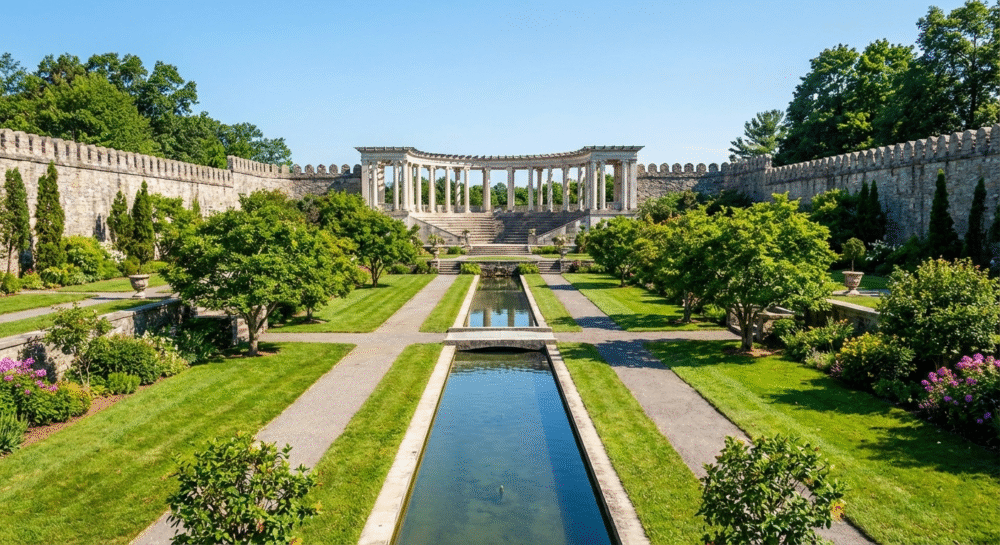 The Indo-Persian Walled Garden at Untermyer Park and Gardens Yonkers featuring canals and Grecian columns