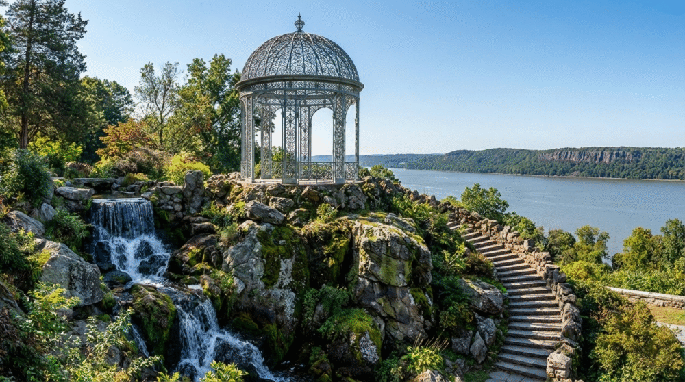 The Temple of Love gazebo and waterfalls at Untermyer Park and Gardens Yonkers overlooking the Hudson River