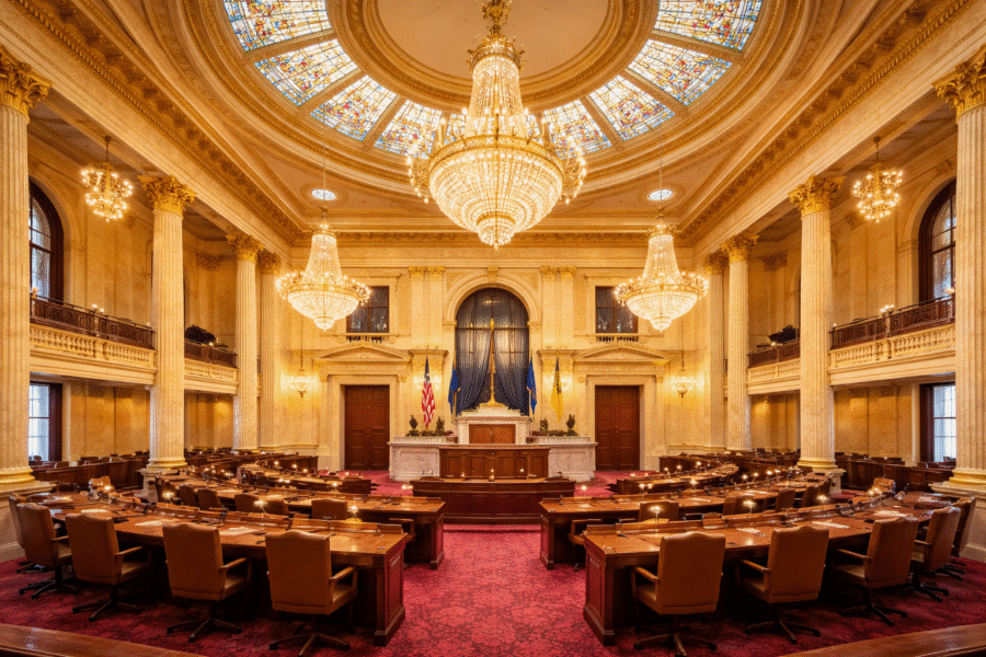 Crystal chandeliers inside the New Jersey State House Trenton chamber 