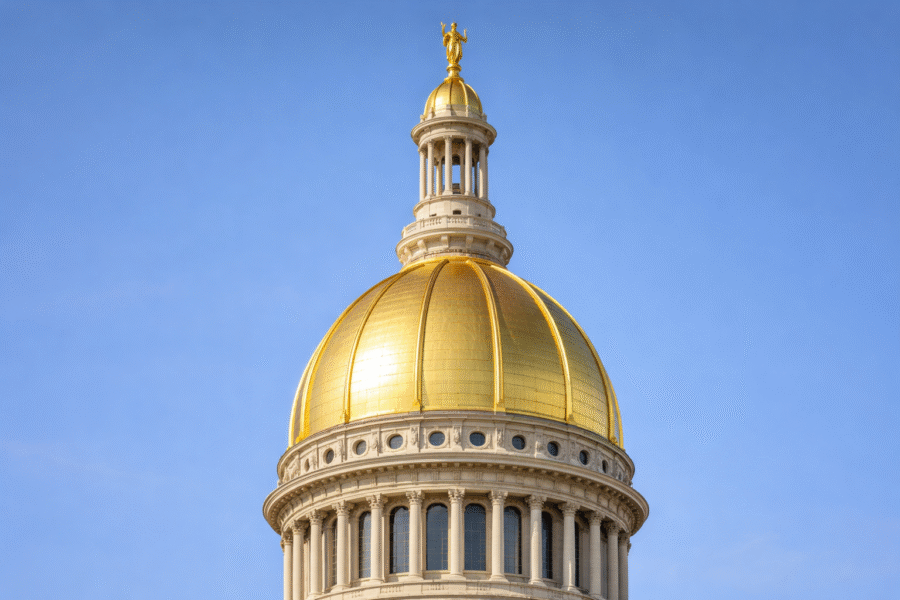 A close-up of the New Jersey State House Trenton gold dome 