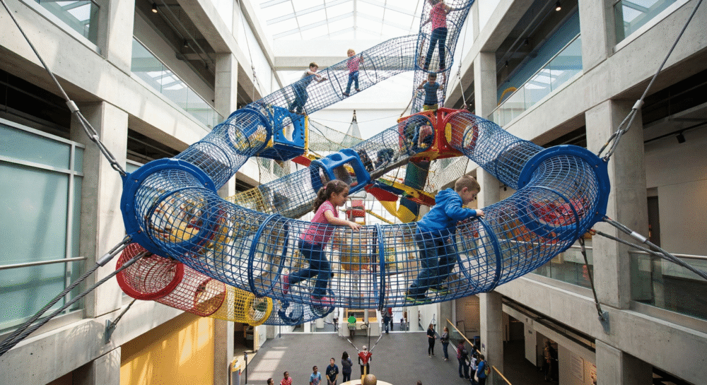 Kids climbing high inside the suspended wire Infinity Climber at Liberty Science Center Jersey City