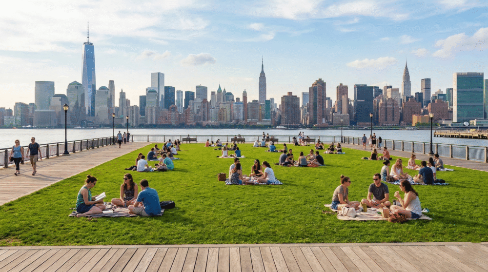 ocals picnicking on the grassy lawn of Pier A Park in Hoboken with NYC views