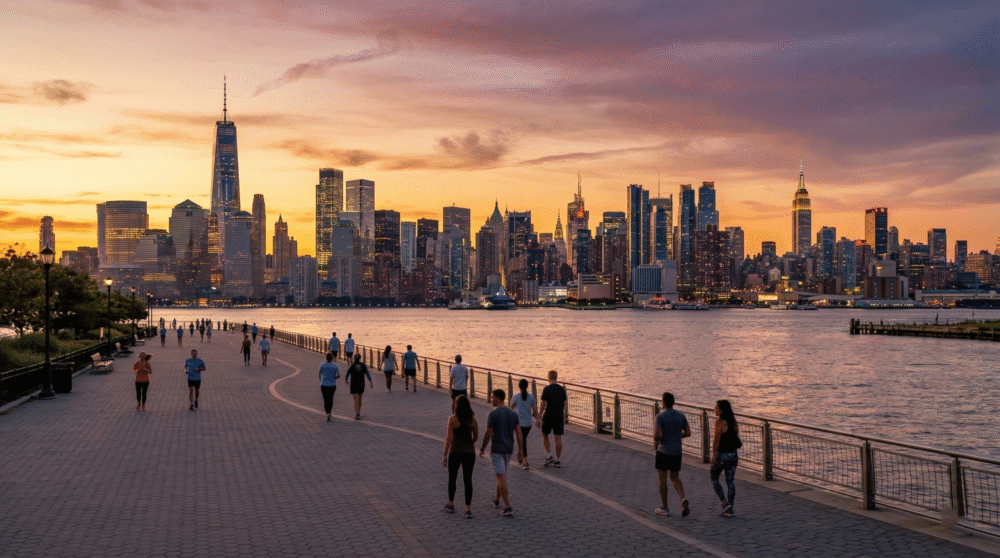 People strolling on the wide, paved Hoboken Waterfront Walkway NJ at sunset