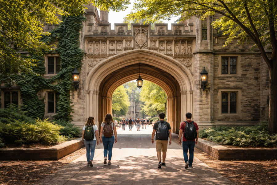 Students walking through a stone archway at the Princeton University Campus NJ