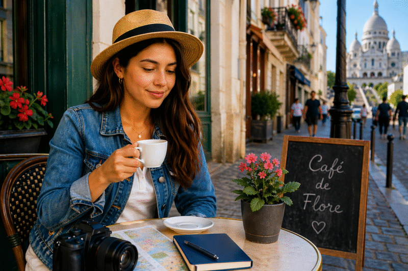 A woman reading basic solo travel safety tips online