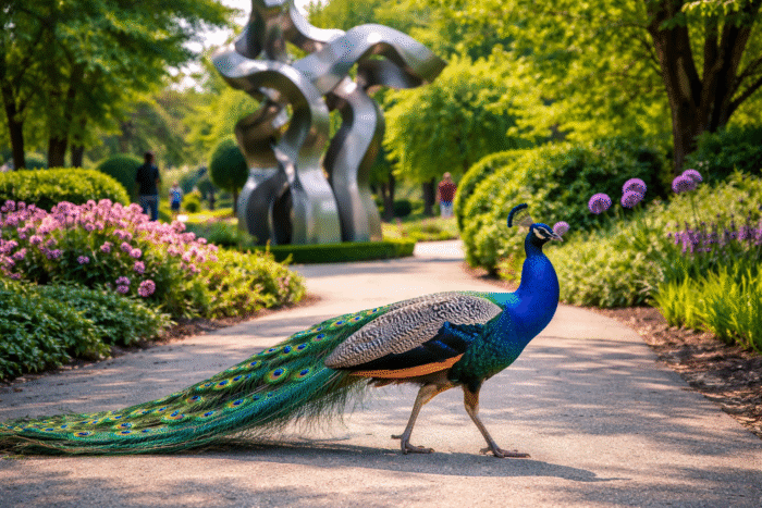 A beautiful peacock walking through Grounds For Sculpture Hamilton NJ