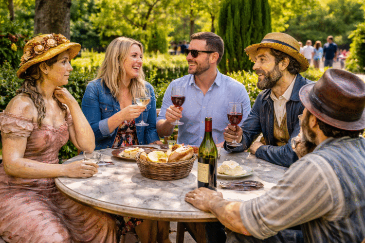 Life-sized bronze statues sitting at Grounds For Sculpture Hamilton NJ