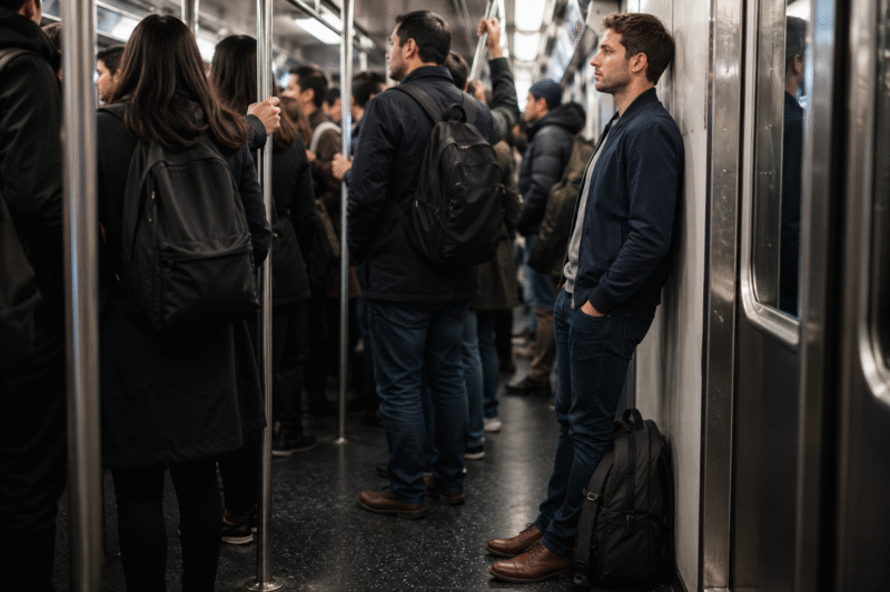 A man using crowded city travel safety on a train