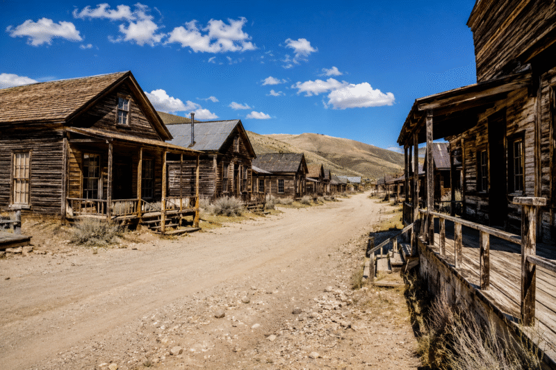 Wooden buildings on a US ghost town road