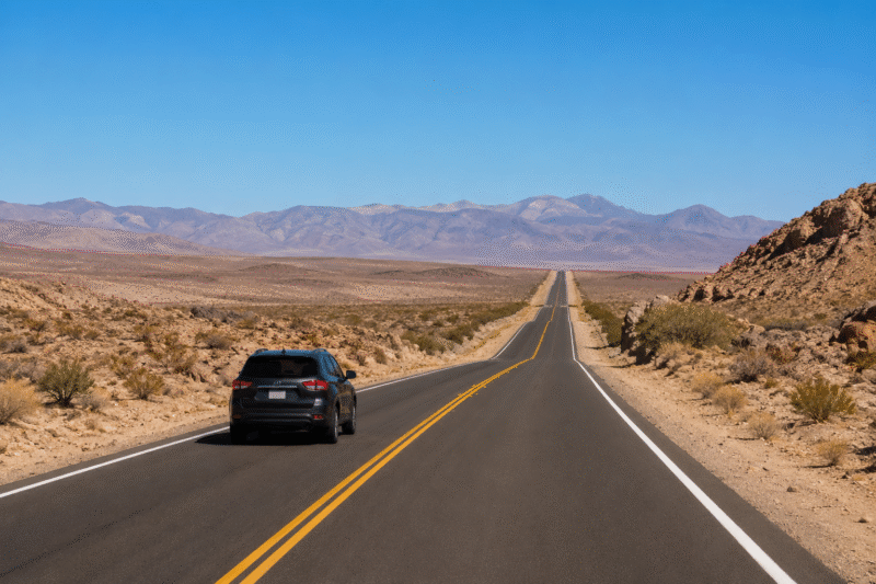 A car taking a US ghost town road trip