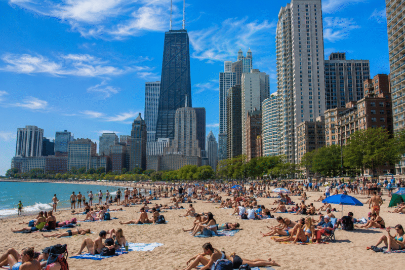 Tourists relaxing on a Chicago Summer beach