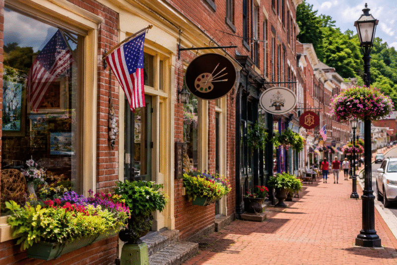 Boutique storefronts along Galena Illinois Historic Main Street