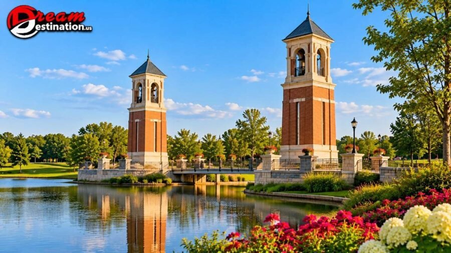 Coxhall Gardens Carmel Indiana twin bell towers